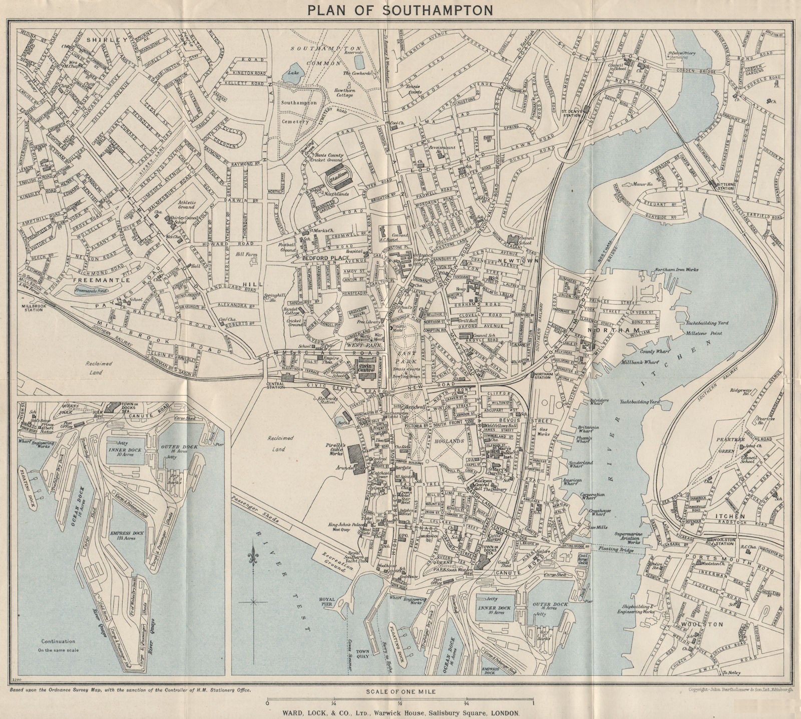 SOUTHAMPTON vintage town/city plan. Hampshire. WARD LOCK 1938 old vintage map